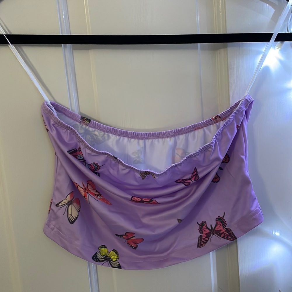 Purple butterfly tube top.